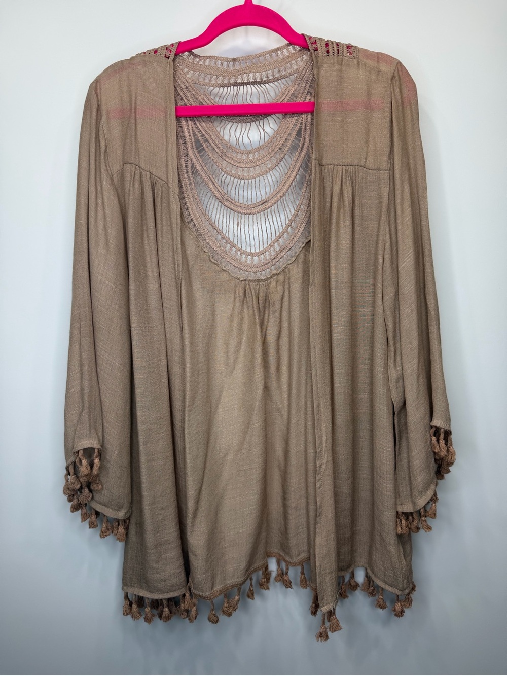 Do Everything In Love Mocha Boho Crochet Back Tassel Kimono Cardigan - Picture 2 of 11